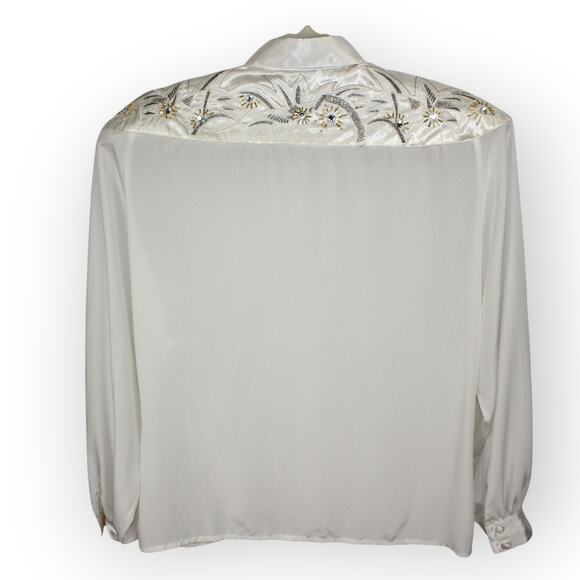 XS/S Vintage Erena by Irene Koenig Satin Blouse Ivory Embellished Yoke - Picture 2 of 16